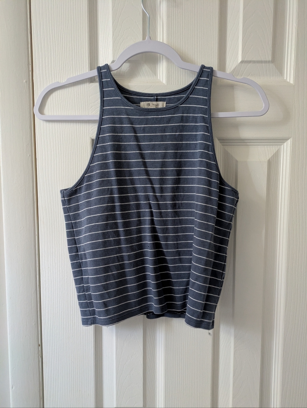 Madewell Blue White Striped Tank Top High Neck Crop Fitted